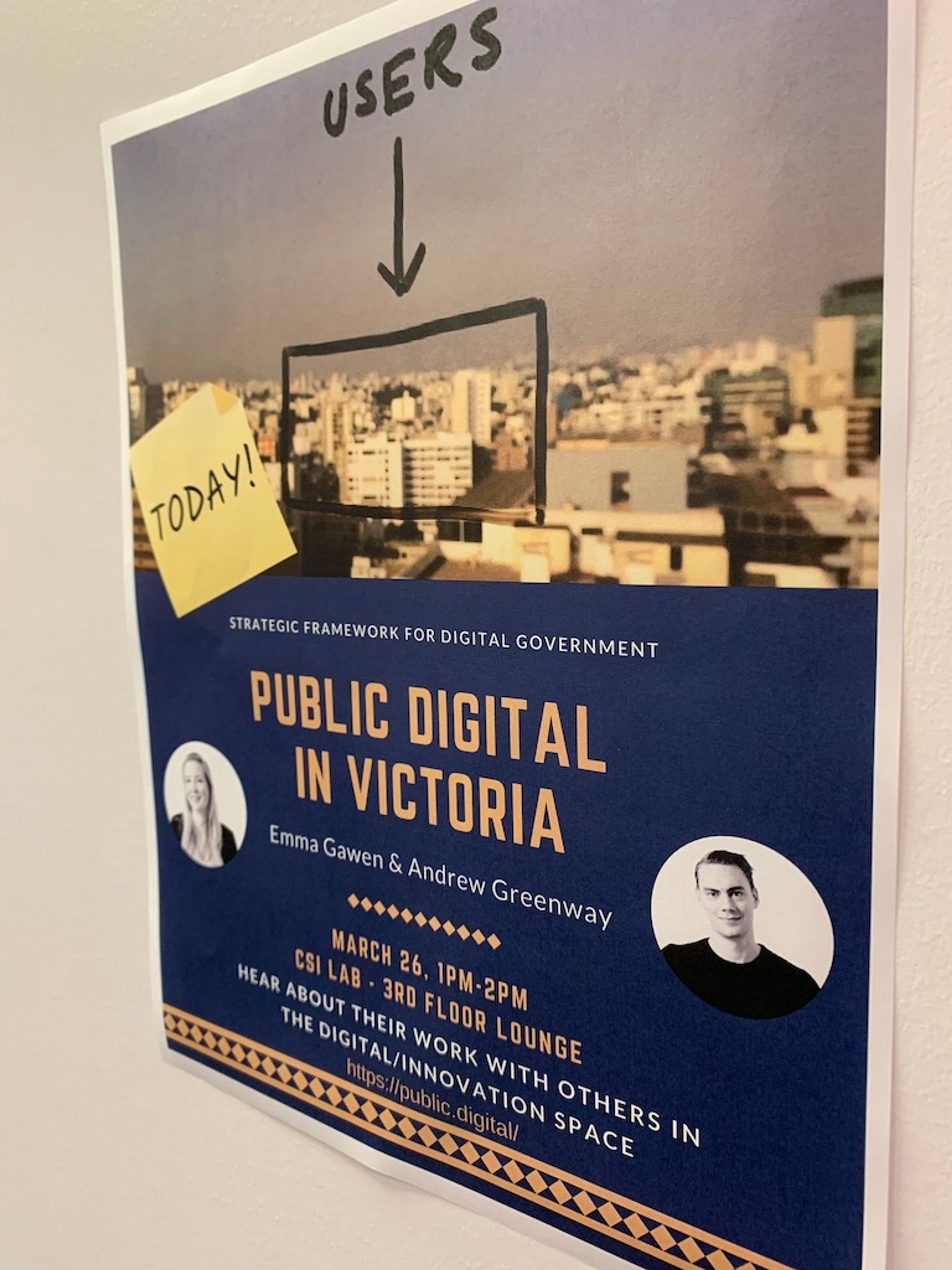 A poster that reads "Public Digital in Victoria" alongside the pictures and names of two consultants as well as further detail of the talk