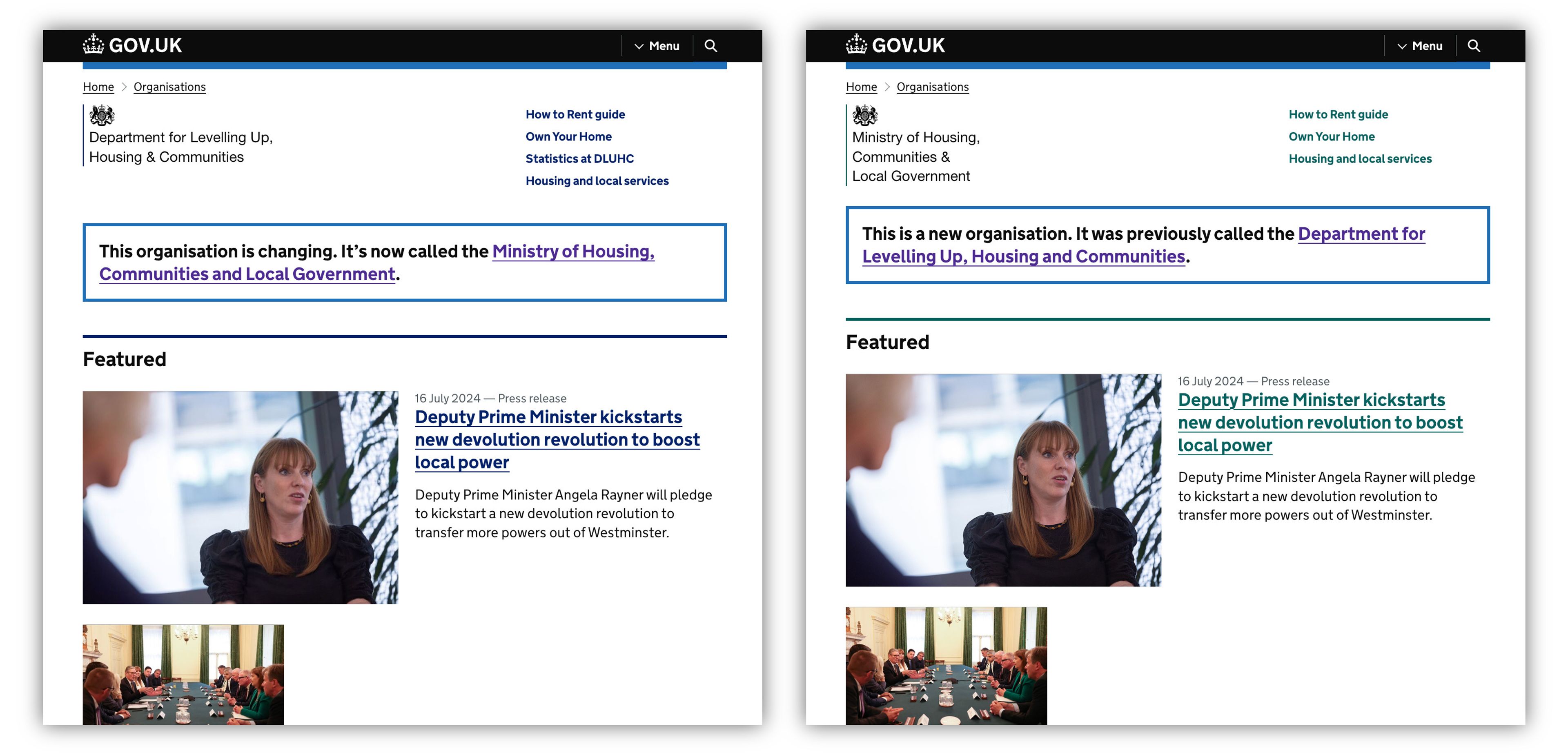 A screenshot of two similar looking websites, one for DLUHC and one for MHCLG.