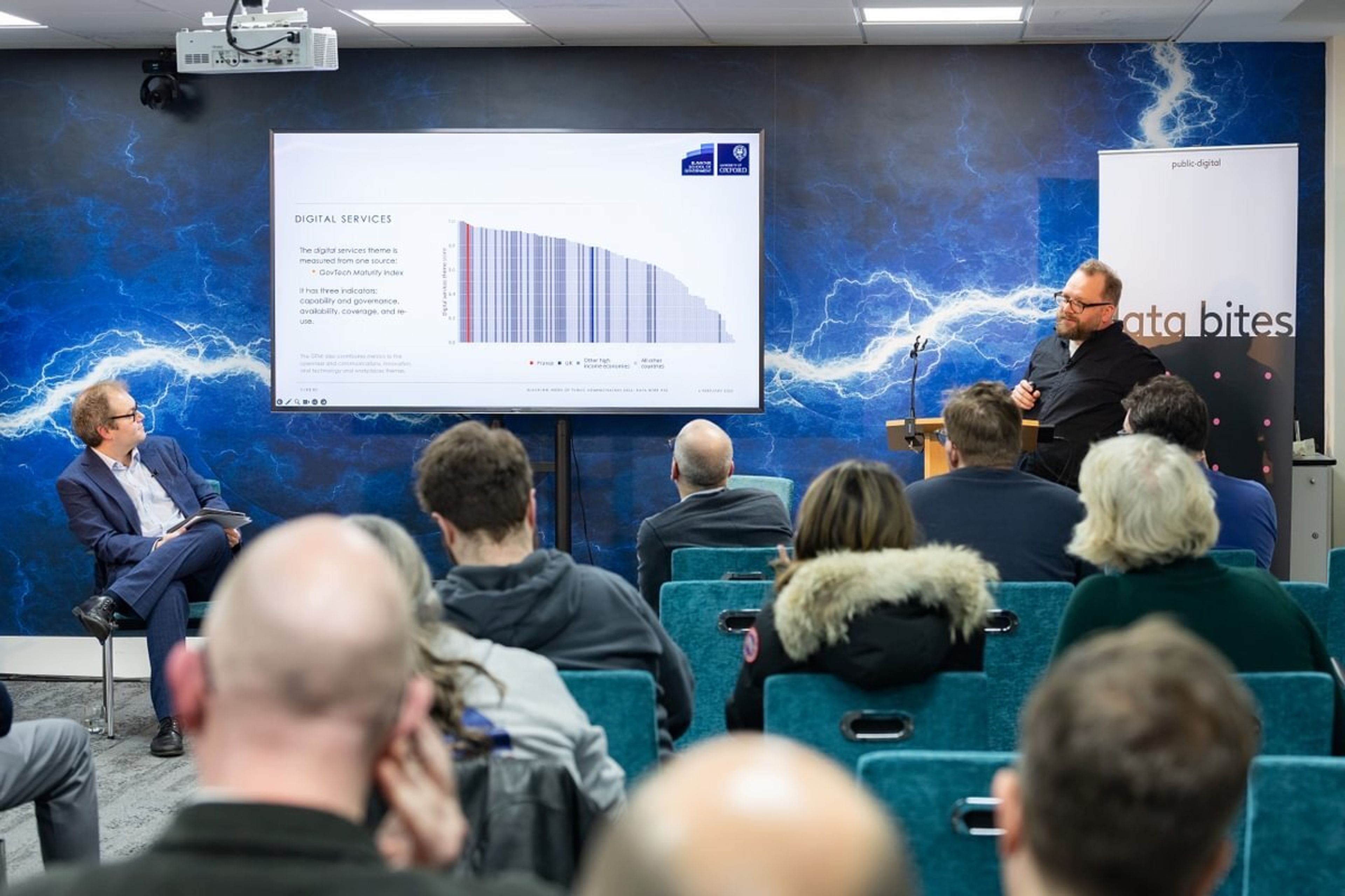 ﻿Matt Kerlogue showing a bar graph on a screen in front of an audience alongside host Gavin Freeguard