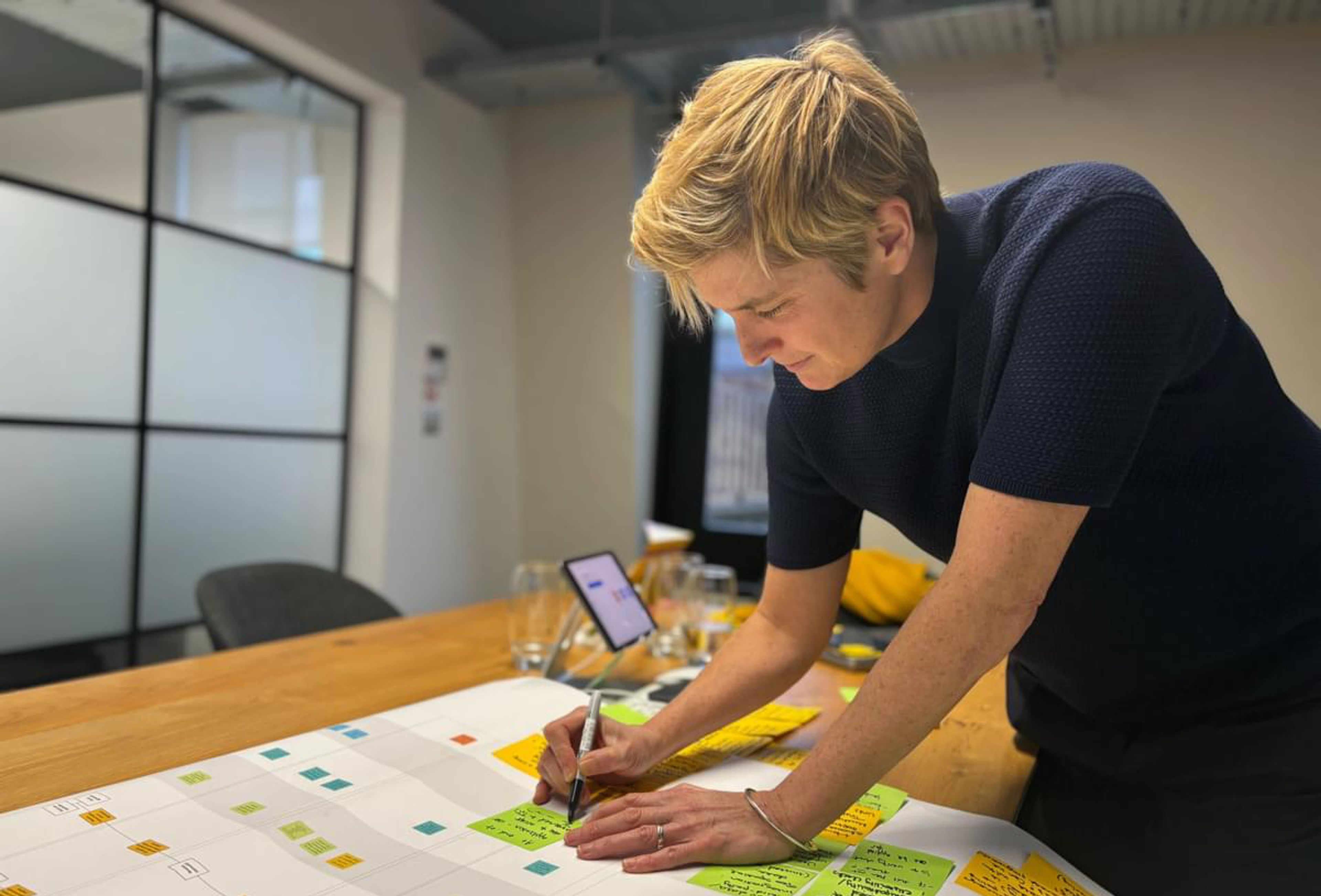 A woman is seated on a table writing on a post-it note