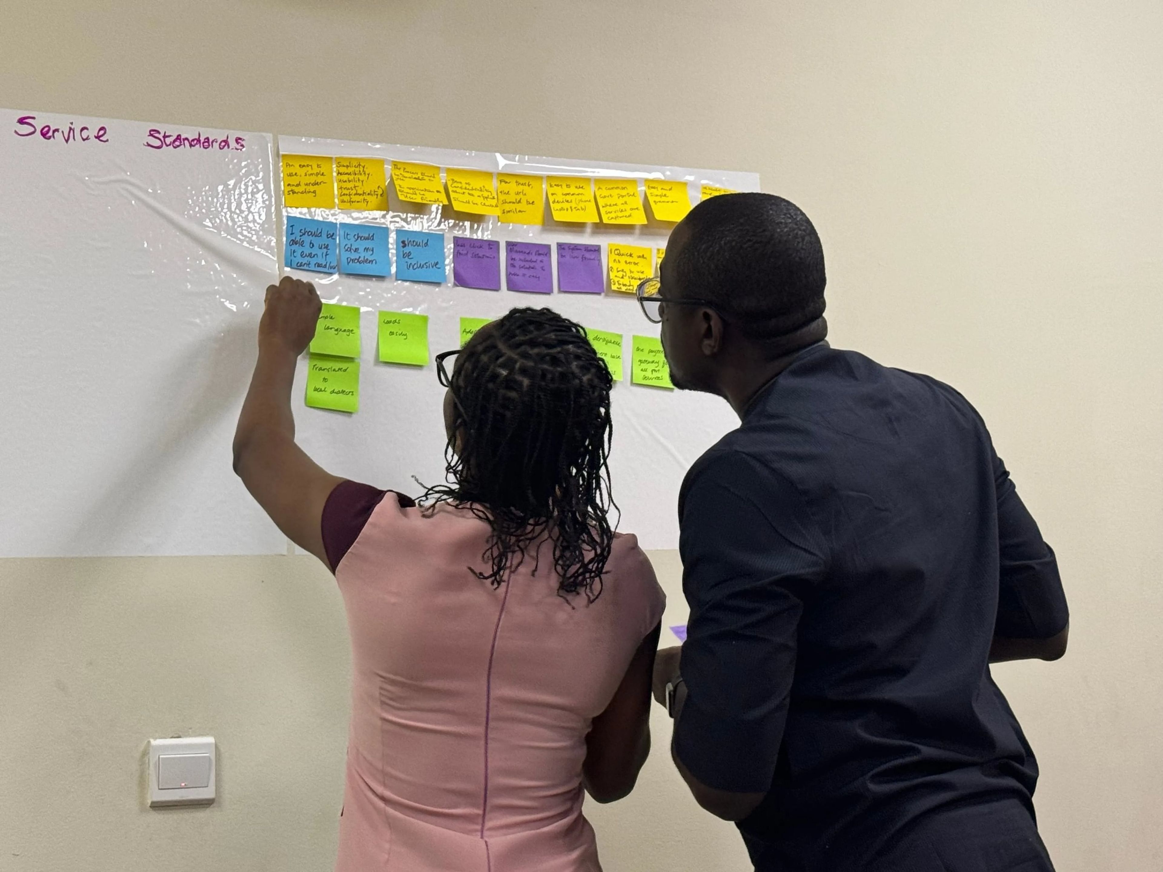 Two people huddled around a poster full of post-its