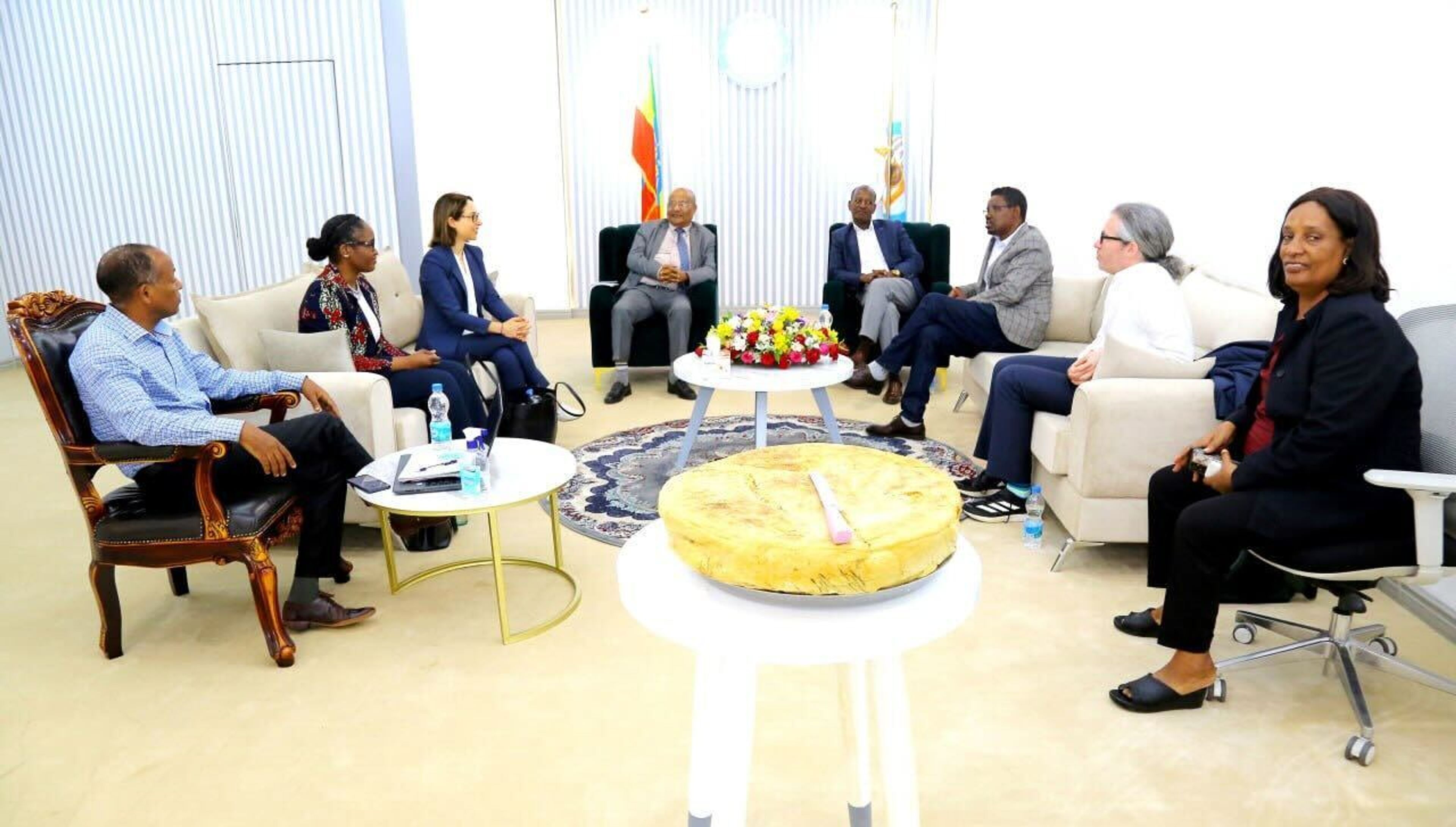 Eight people sitting in chairs discuss together in the premises of the Ethiopian government