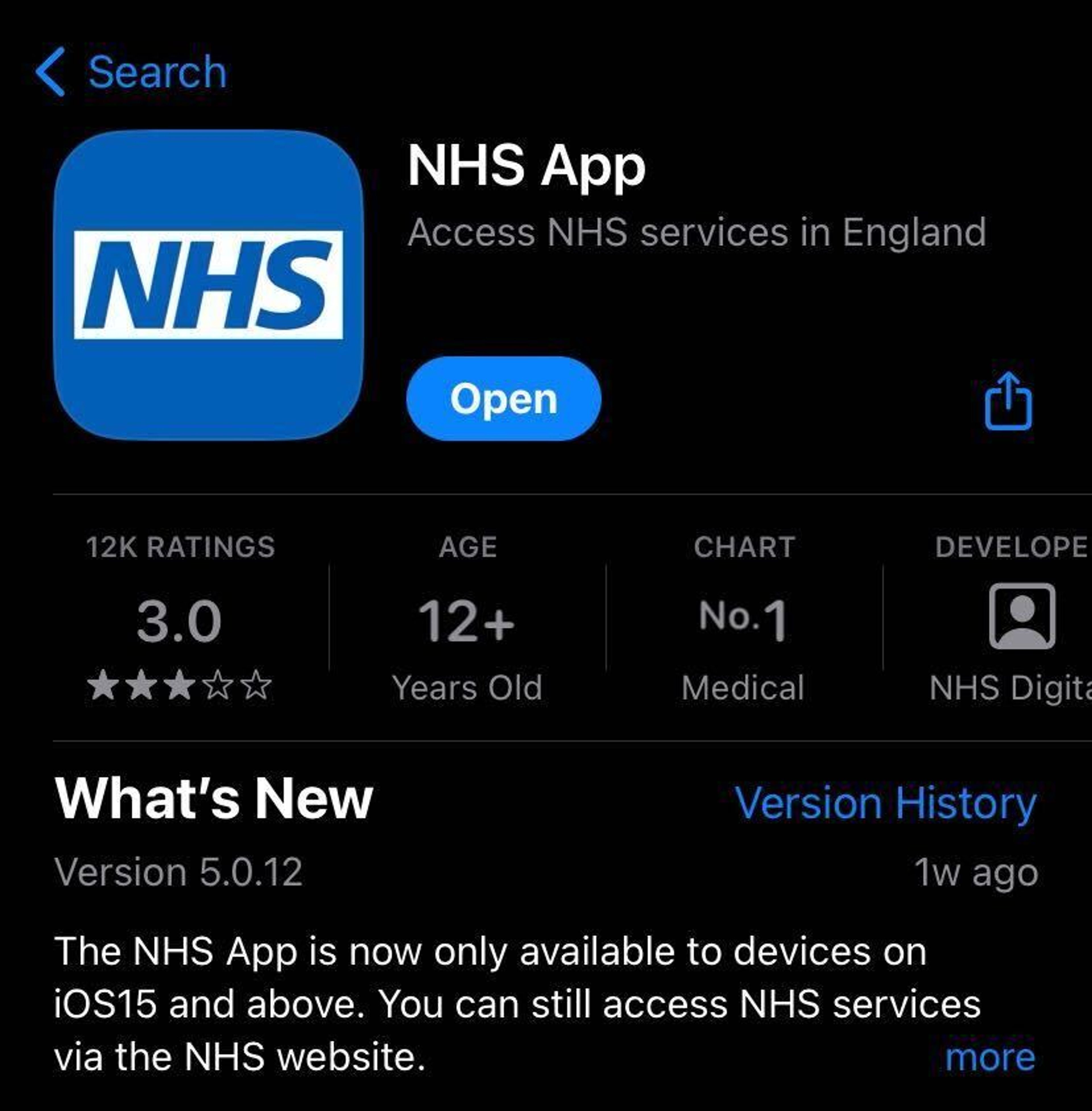 App Store download of NHS App