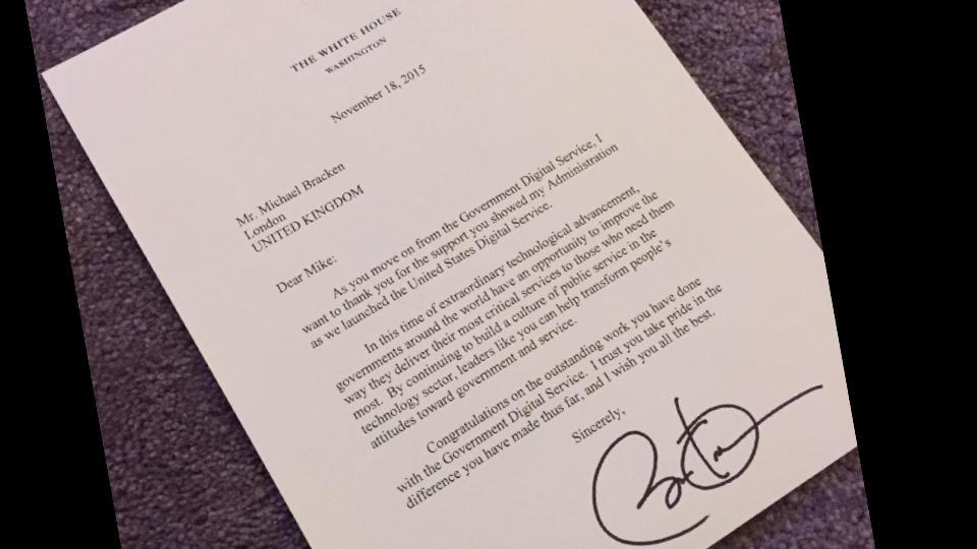 A letter from the White House thanks Mike for the support to the US administration in digital transformation matters