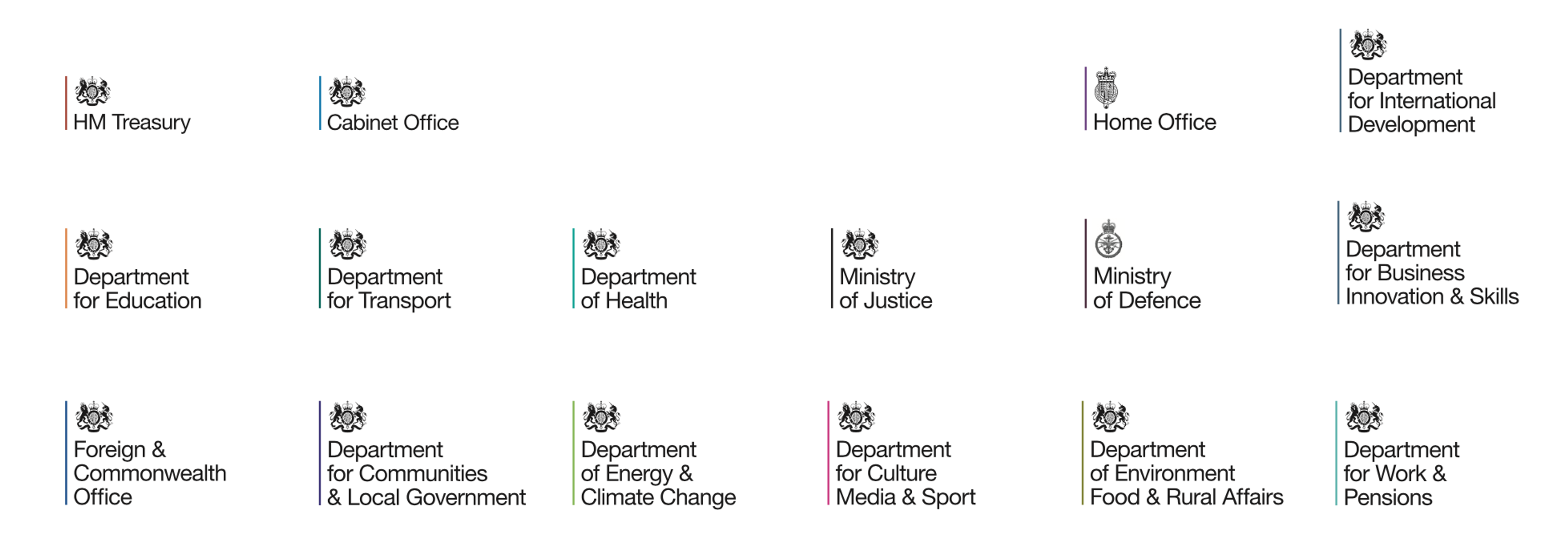 A picture of 15 government department logos