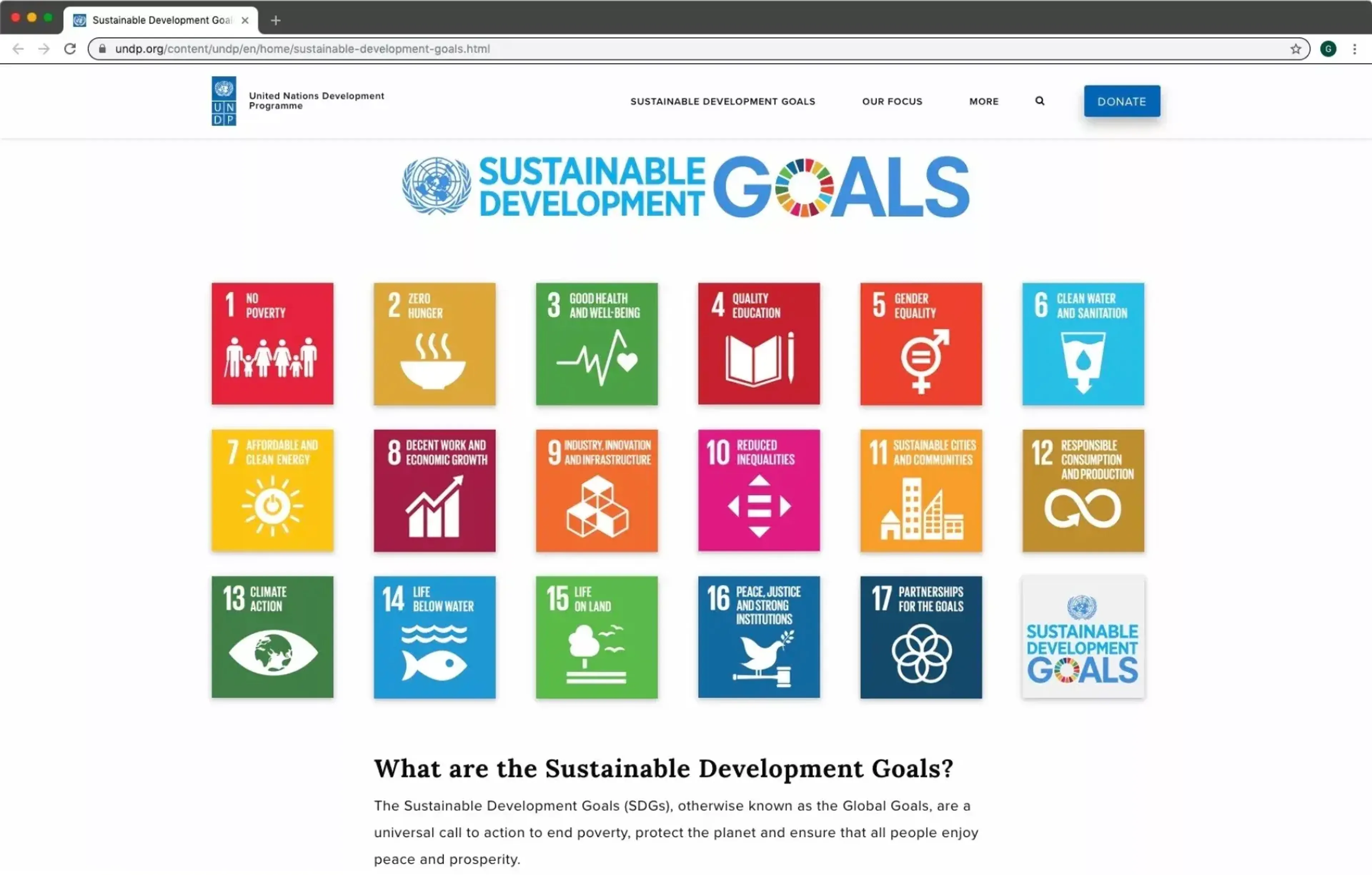 Screenshot of the SDGs website