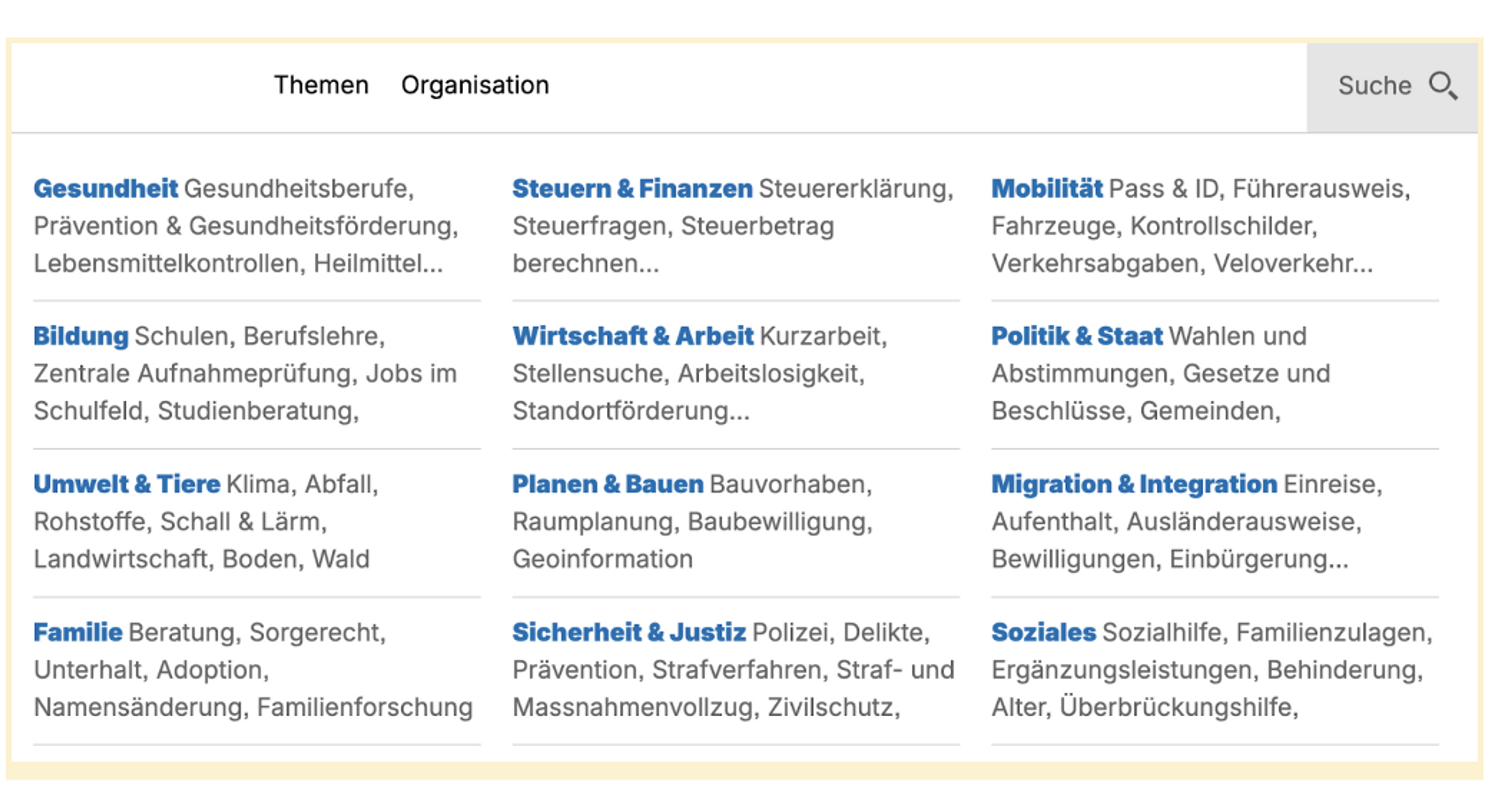 Topics and sub-topics on the homepage of Zurich