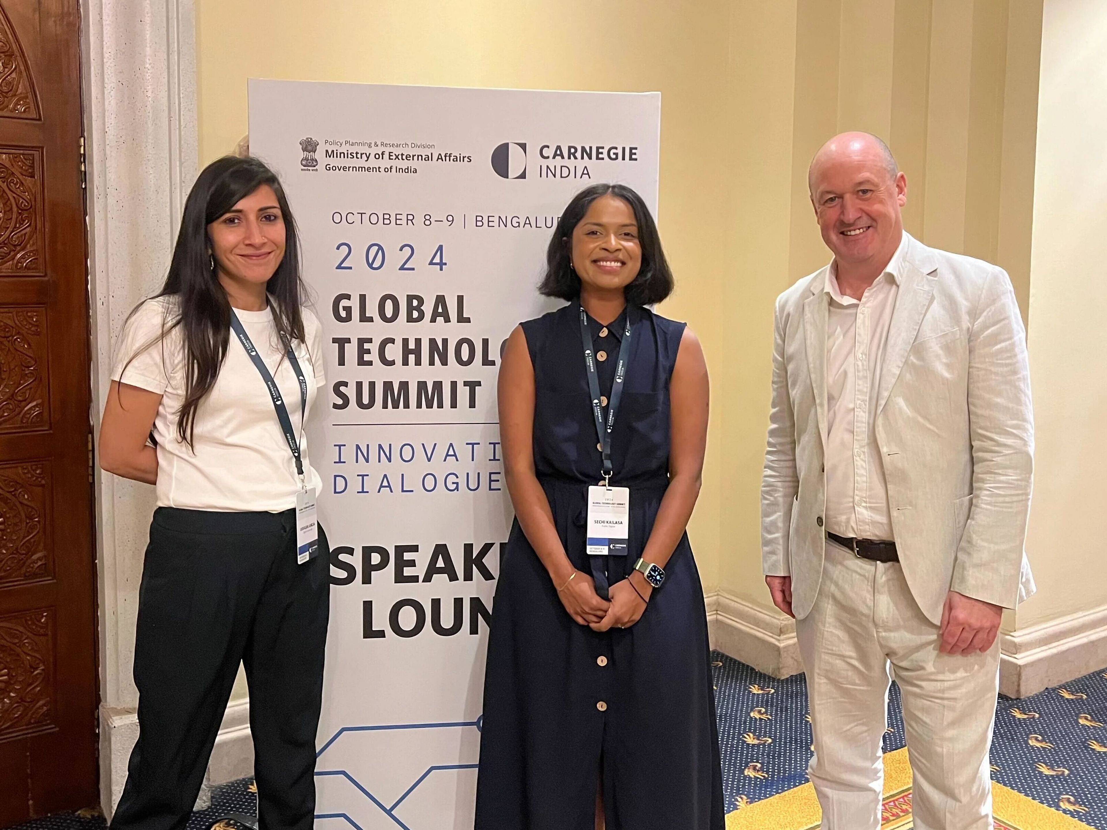 Sechi Kailasa and Mike Bracken with Urvashi Aneja from the Digital Futures Lab at the Global Tech Summit, Bangalore