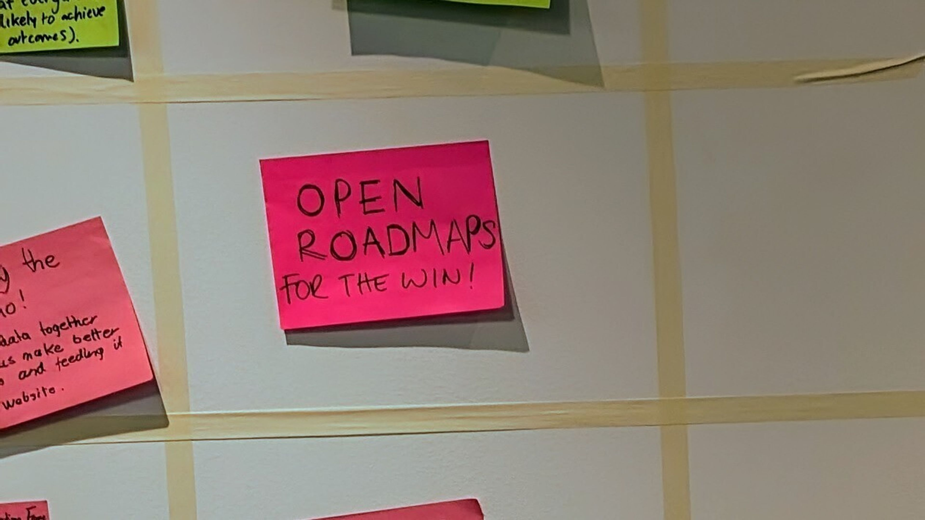 Pink post-it note that says "Open roadmap"