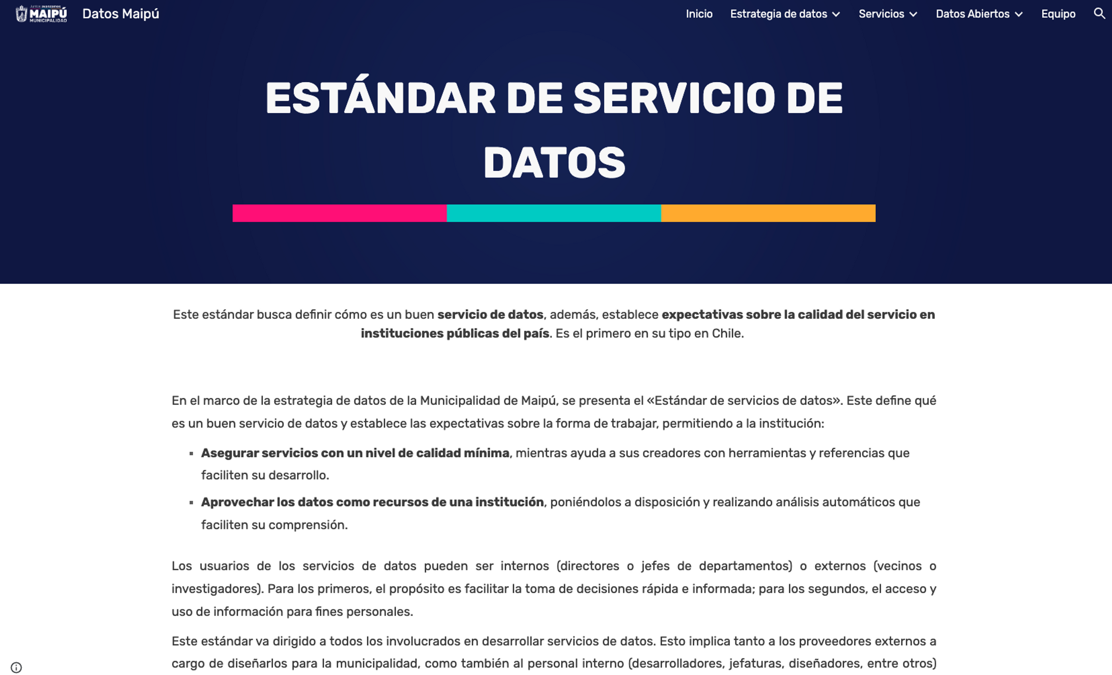 Estándar de Servicios de Datos publicado en el sitio web de la Municipalidad de Maipú, dentro de la plataforma Datos Maipú.