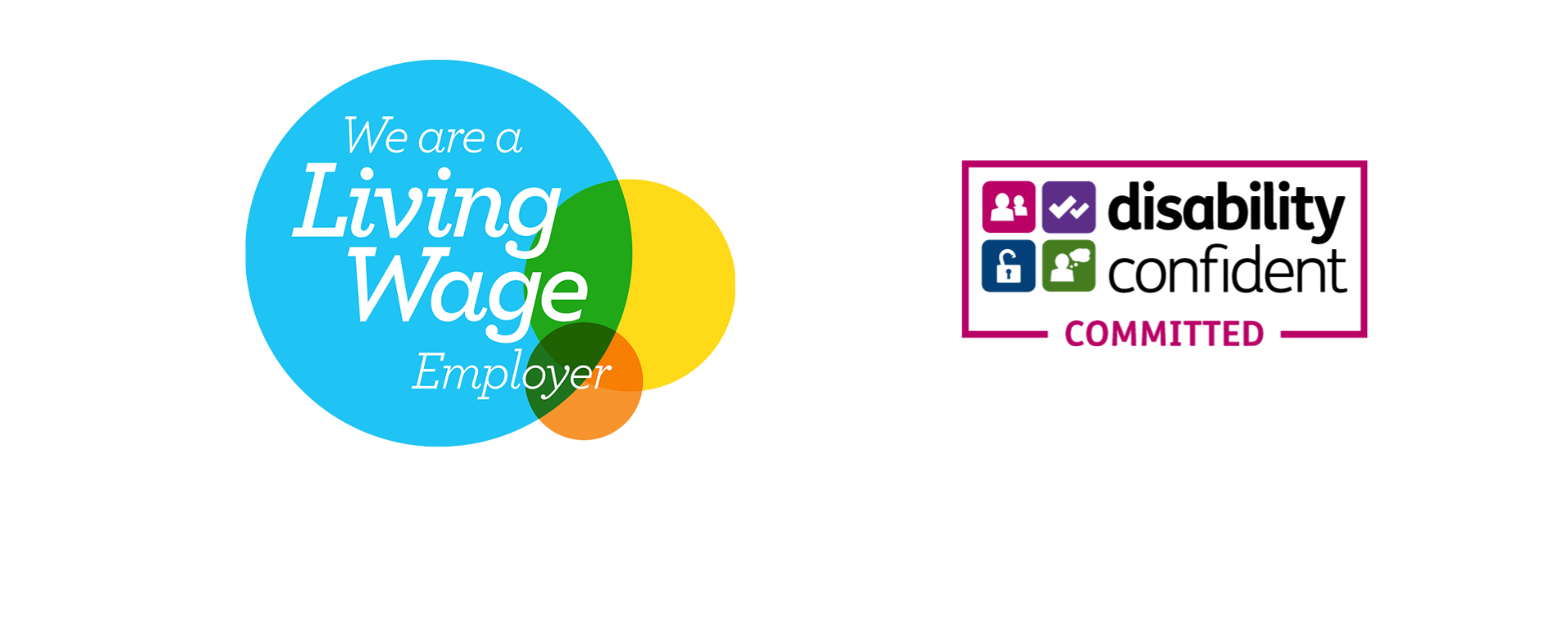 This image shows two badges. The first is the Living Wage badge, which typically features a stylized design with text indicating support for paying a fair, living wage to workers. The second is the Disability Confident badge, often showcasing an emblem or logo that signifies an organisation’s commitment to inclusivity and supporting individuals with disabilities in the workplace