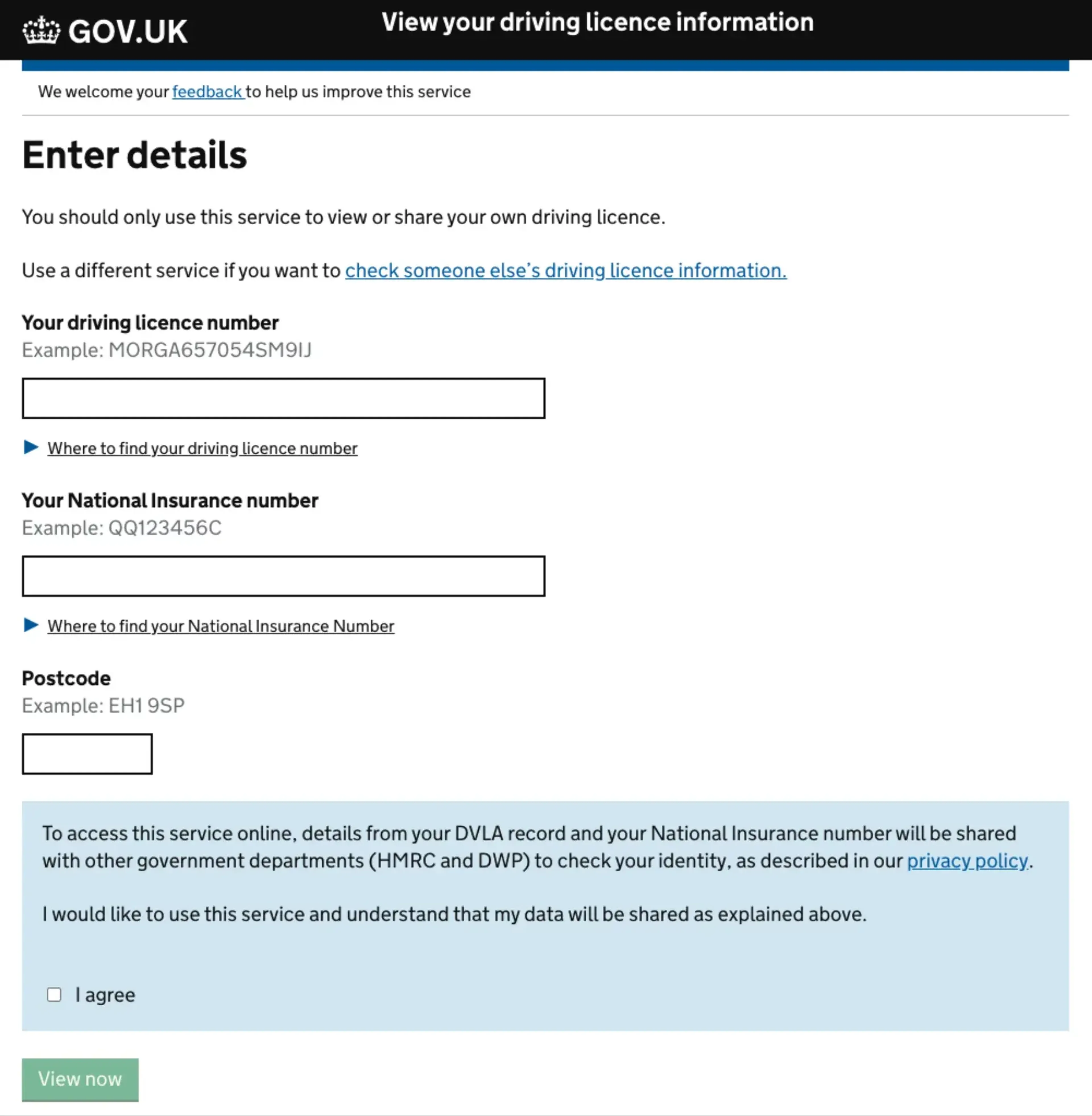 Driving licence screen at gov uk