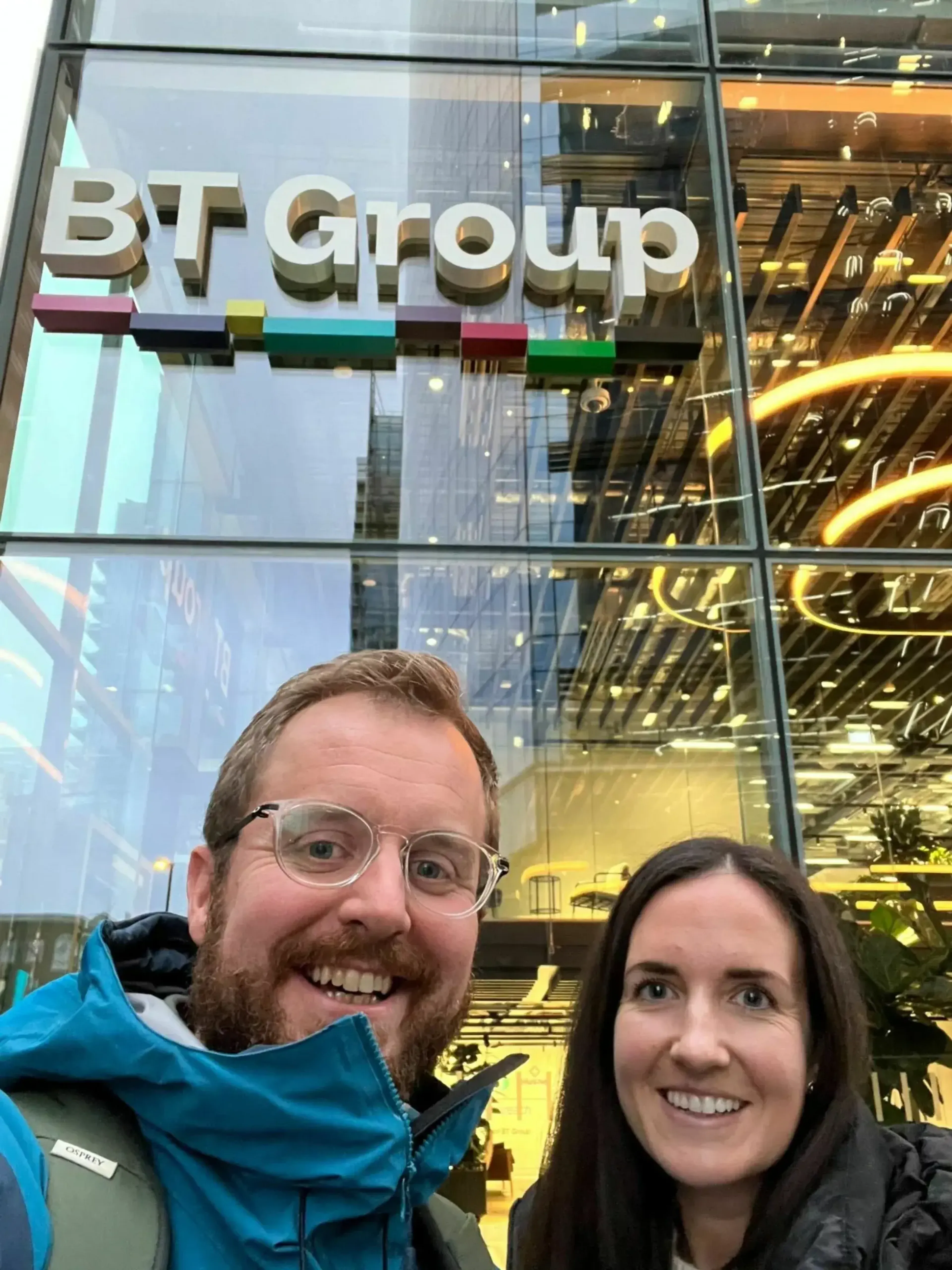 Matt and Stacey outside the offices of our client, BT