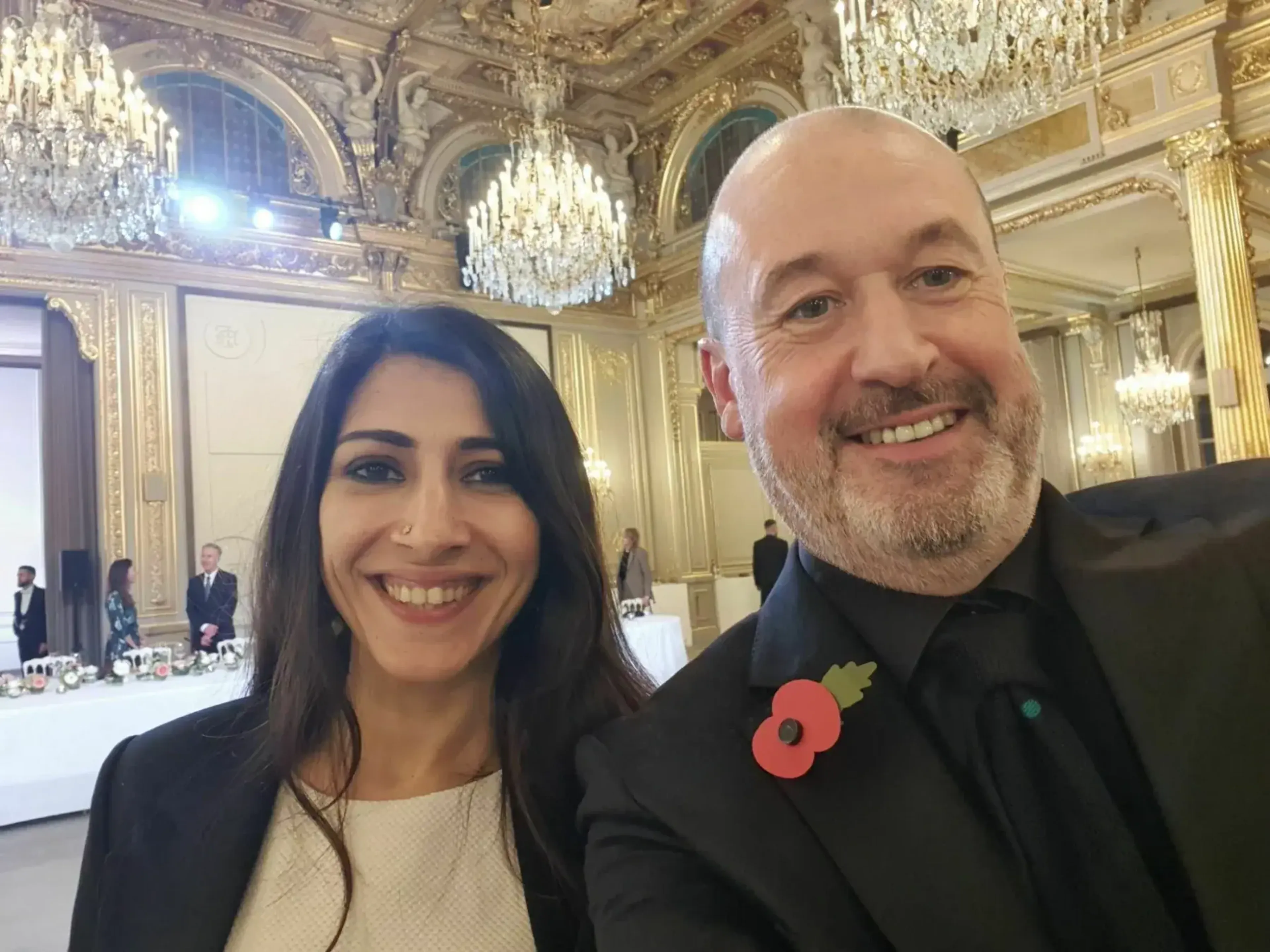 Mike with Urvashi from Global Tech Thinkers, representing PD at the Elysee dinner in Paris with President Macron