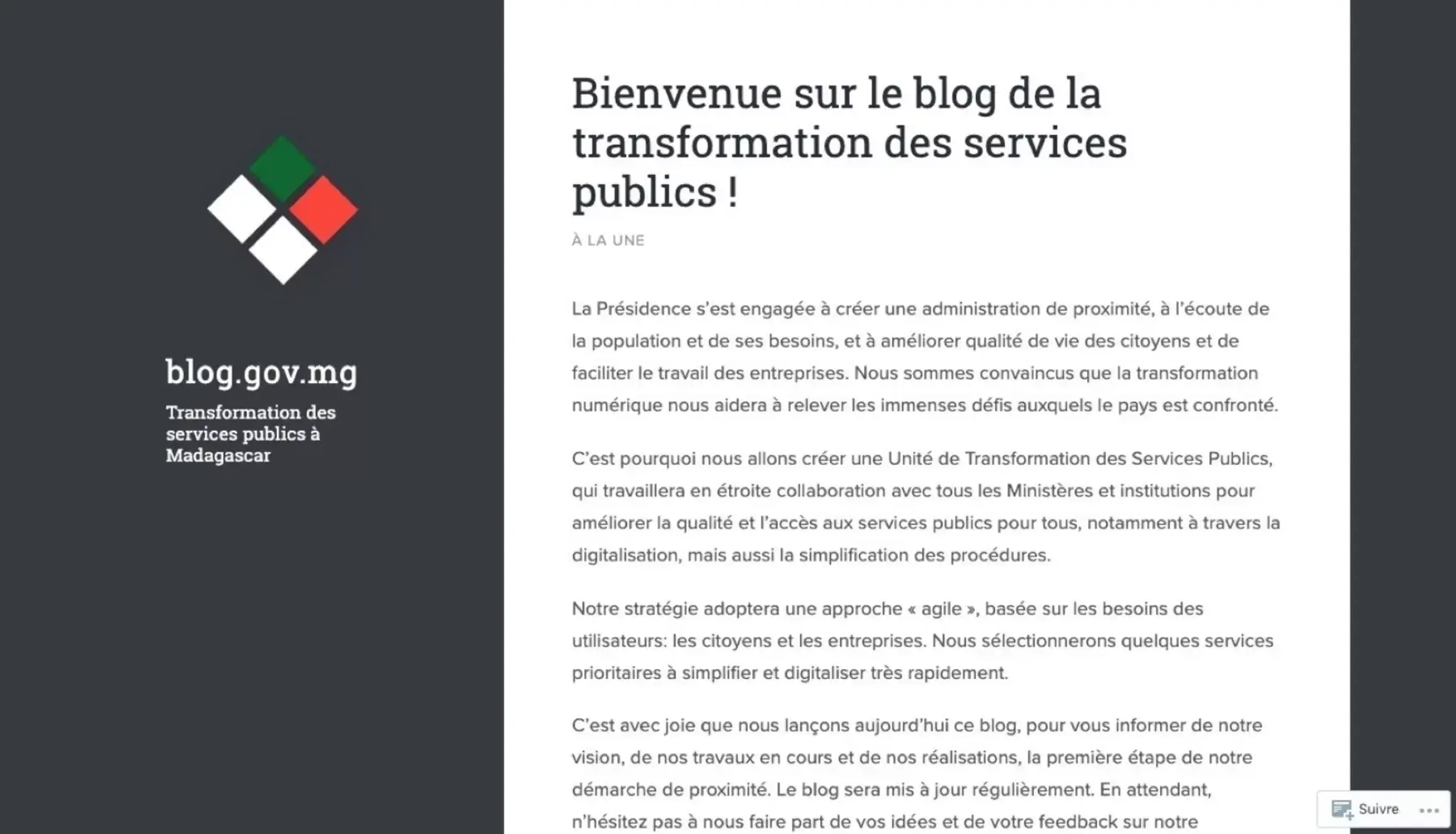 Screenshot of the first post on the new blog for public service transformation in Madagascar