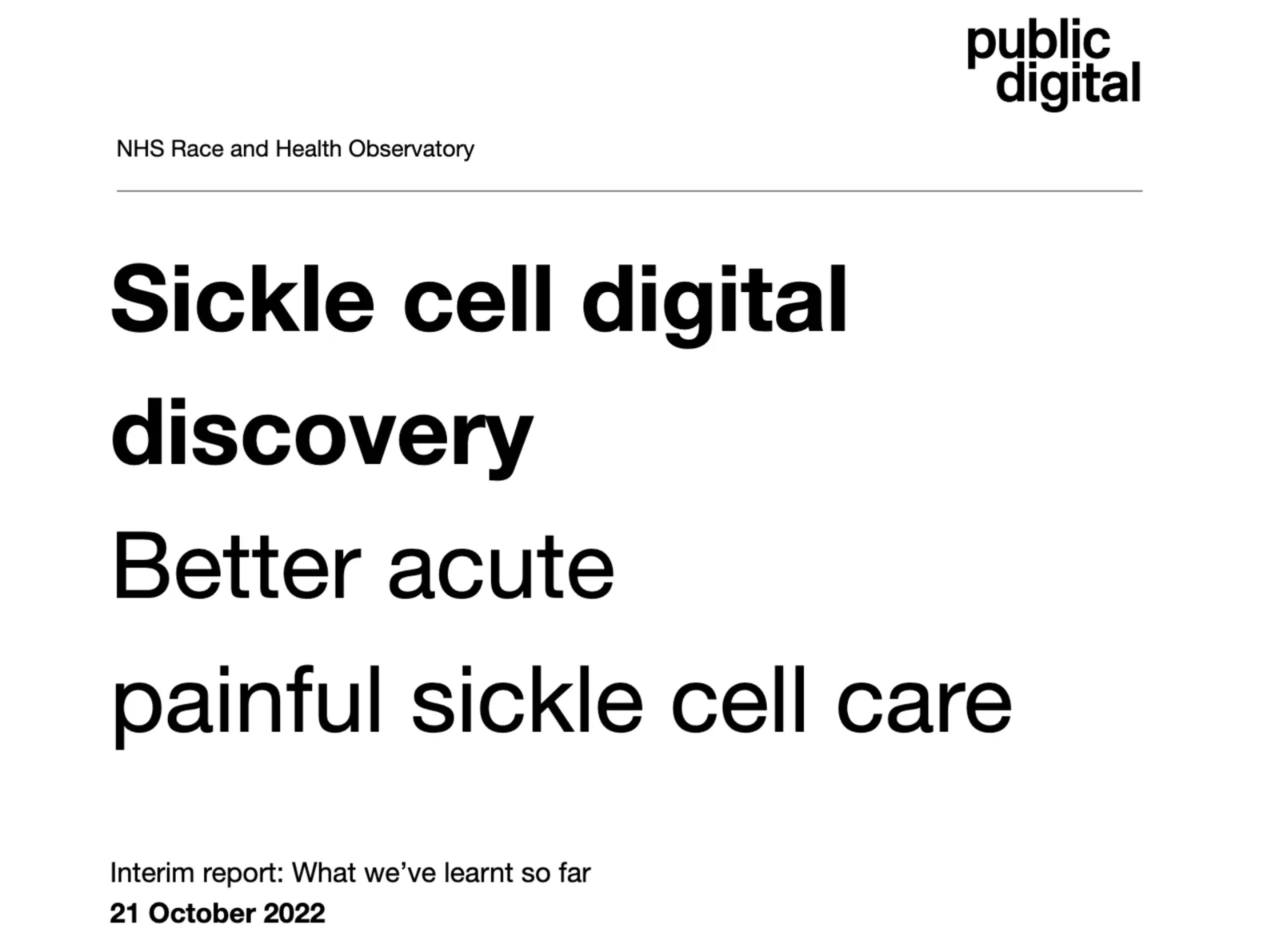 A screenshot of a document that with two headlines reading "sickle cell digital discovery" in bold and "better acure painful sickle cell care" in standard font