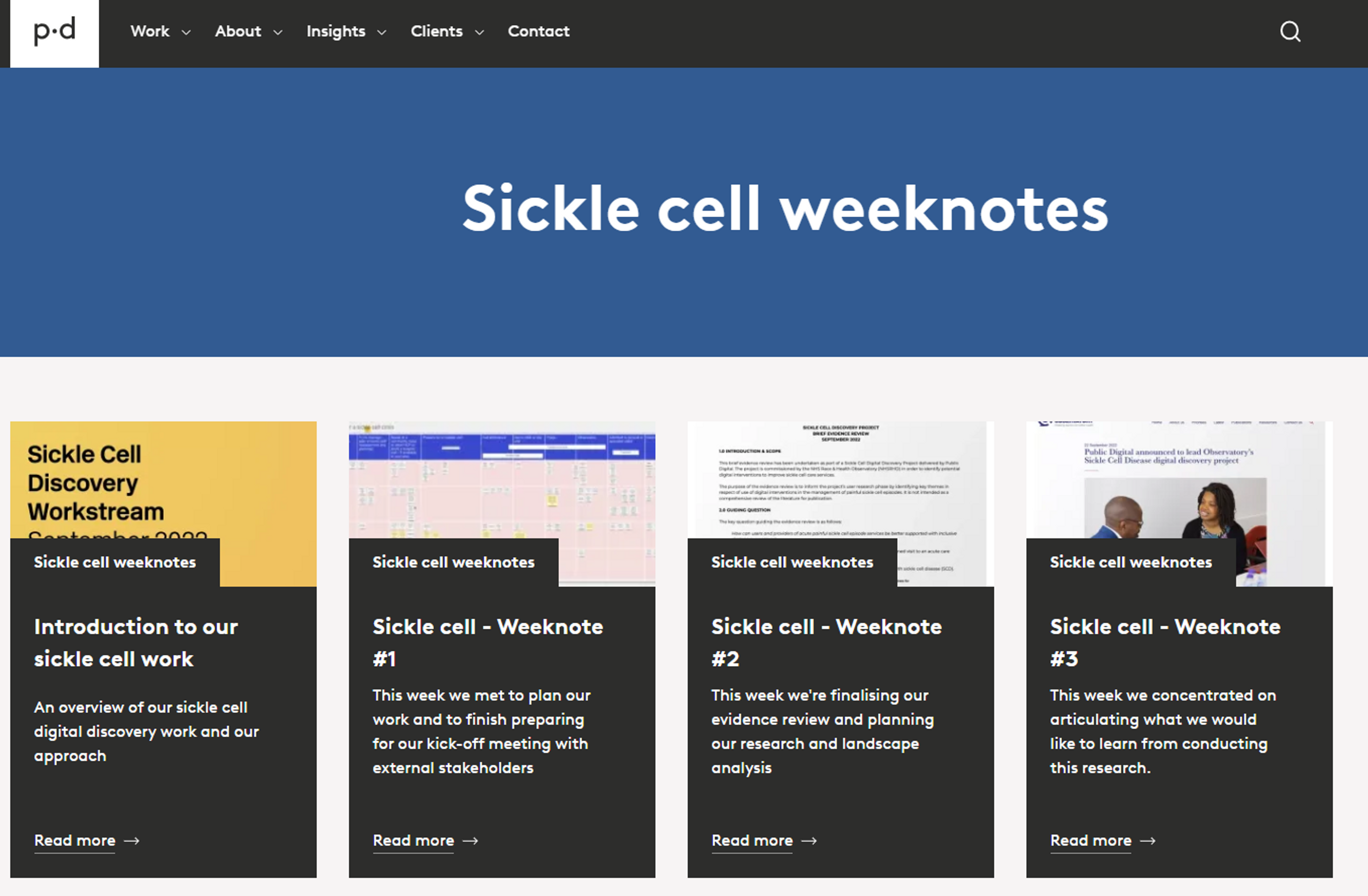 A screengrab on the PD website showing a grid of articles with weeknotes from the sickl cell project