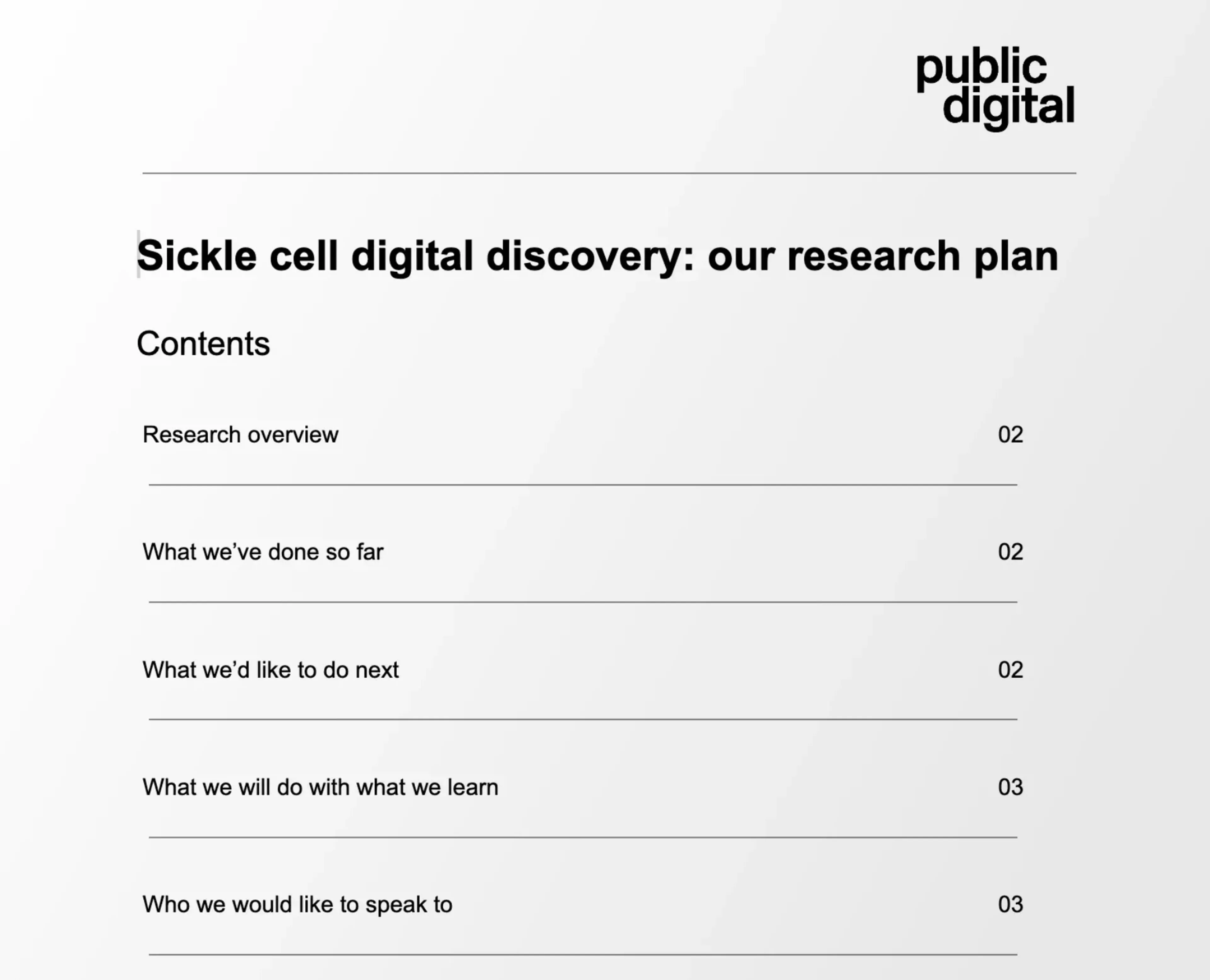 A screenshot of a research plan with headings such as "research overview", "what we have done so far" and "what we would like to do next"