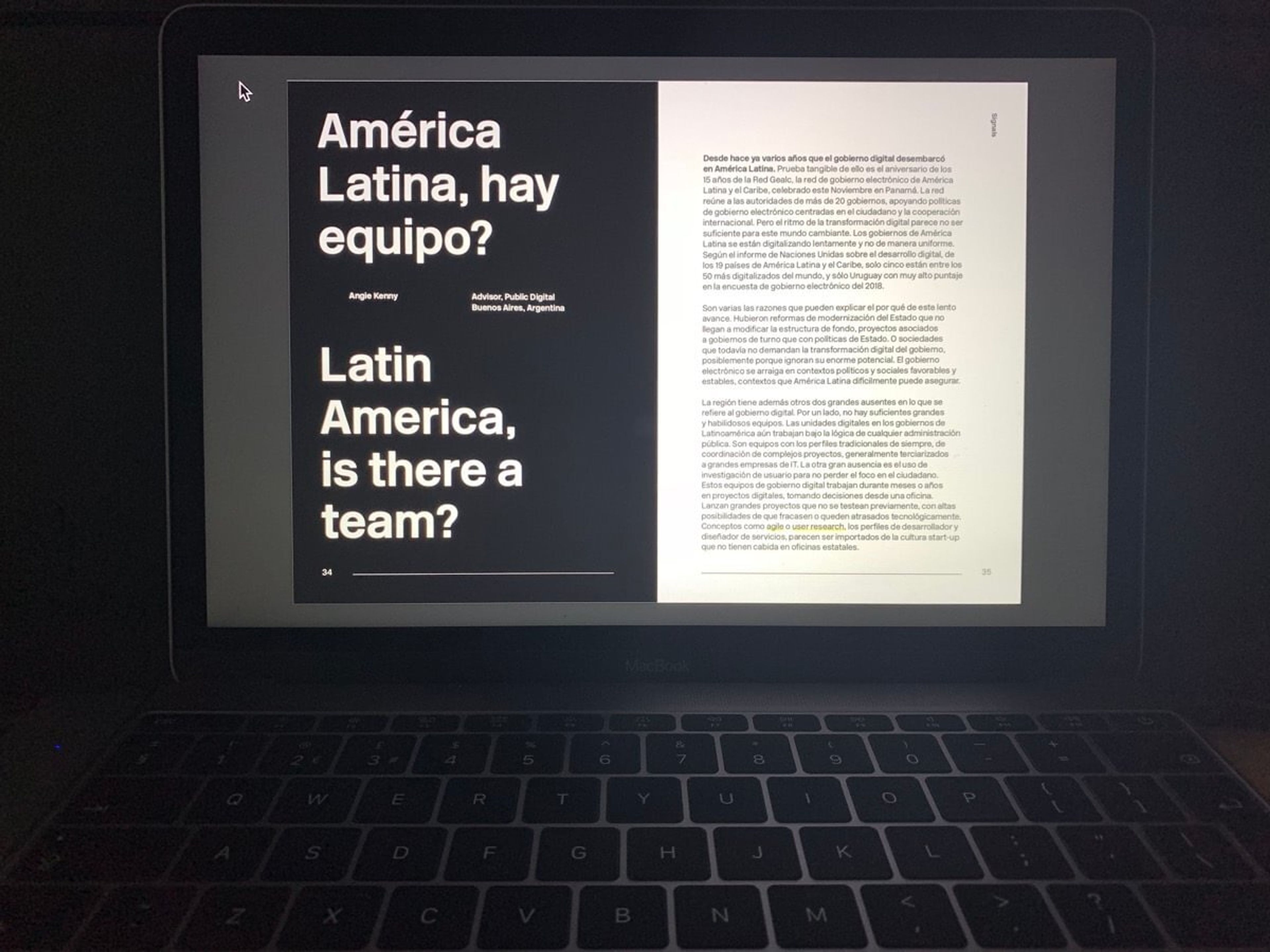 A picture of a laptop showing a document with the headline "Latin America, is there a team?" alongside the original text in Spanish "America Latina, hay equipo?"