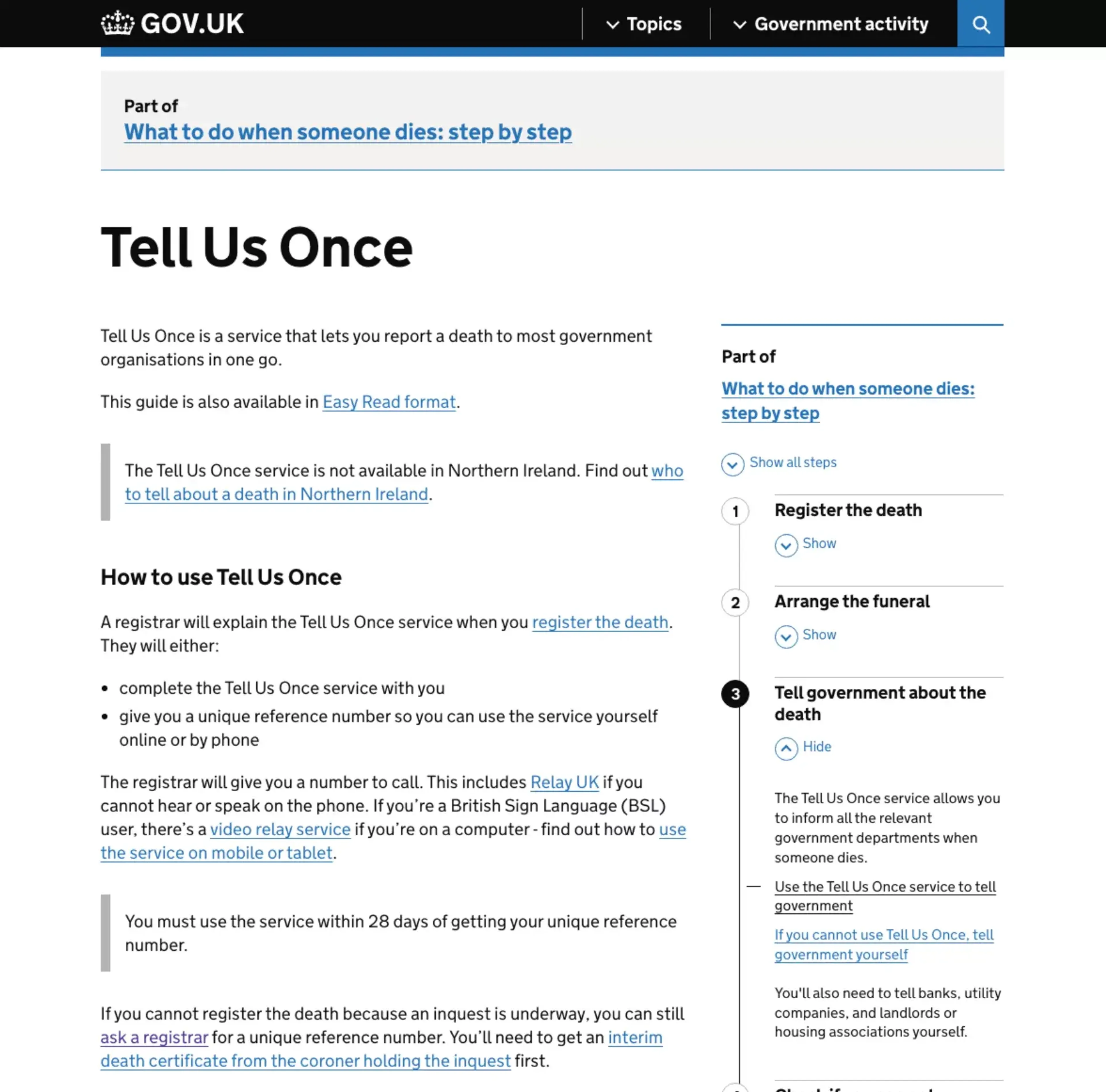 Screenshoot of Tell us once service in Gov.uk